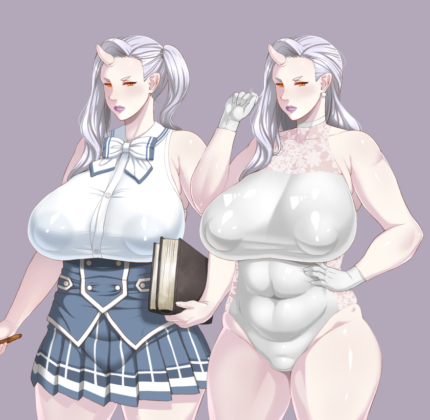 1girl breasts enoshima_iki frost_(silly_girls_quest) gloves horns huge_breasts leotard lipstick long_hair makeup oni orange_eyes plump ribbon side_ponytail silly_girls_quest simple_background single_horn skirt thick_thighs thighs white_hair