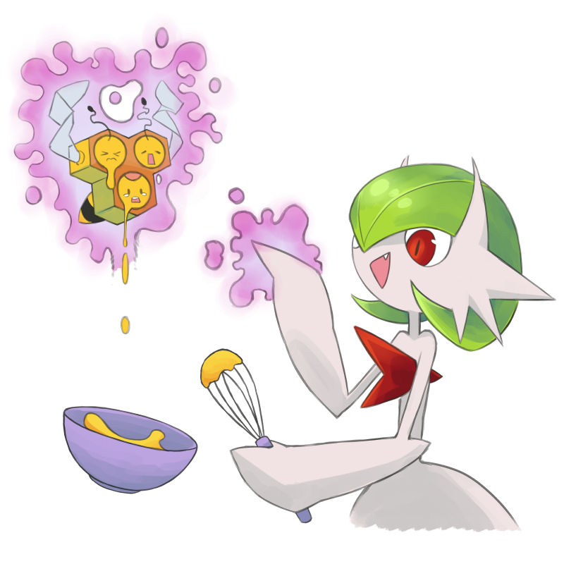 bowl colored_skin combee creatures_(company) dmt_(auburn) fang game_freak gardevoir gen_3_pokemon gen_4_pokemon honey insect_wings mega_gardevoir mega_pokemon mixing_bowl nintendo open_mouth pink_eyes pokemon pokemon_(creature) psychic simple_background whisk white_background white_skin wings