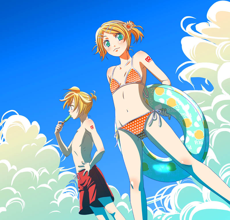 1boy 1girl aqua_eyes bathtub bikini blonde_hair brother_and_sister flat_chest flower hair_ornament hairclip innertube kagamine_len kagamine_rin paraiso short_hair siblings side-tie_bikini_bottom smile swim_ring swimsuit twins vocaloid