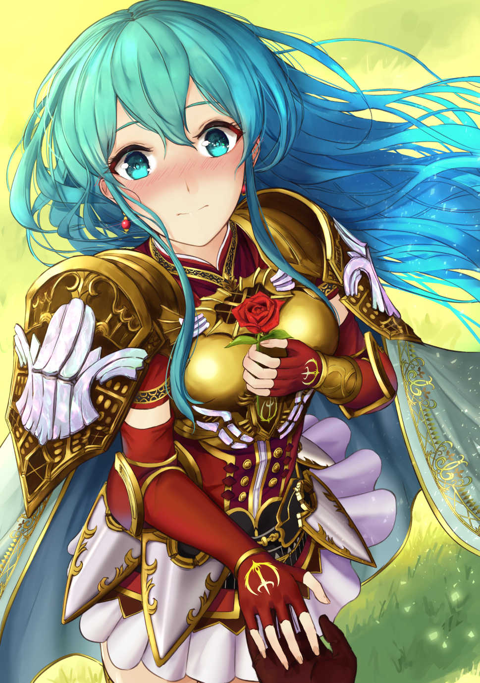 1girl aqua_cape aqua_eyes aqua_hair armor armored_dress blush breastplate cape closed_mouth day dress earrings eirika_(fire_emblem) elbow_gloves elbow_pads faulds fingerless_gloves fire_emblem fire_emblem:_the_sacred_stones floating_hair flower from_above gloves grass hand_on_own_chest highres holding holding_flower holding_hands ippers jewelry light_particles long_hair looking_at_viewer looking_up miniskirt nintendo nose_blush outdoors pauldrons pov red_flower red_gloves red_rose rose shoulder_armor sidelocks skirt smile solo_focus very_long_hair white_skirt