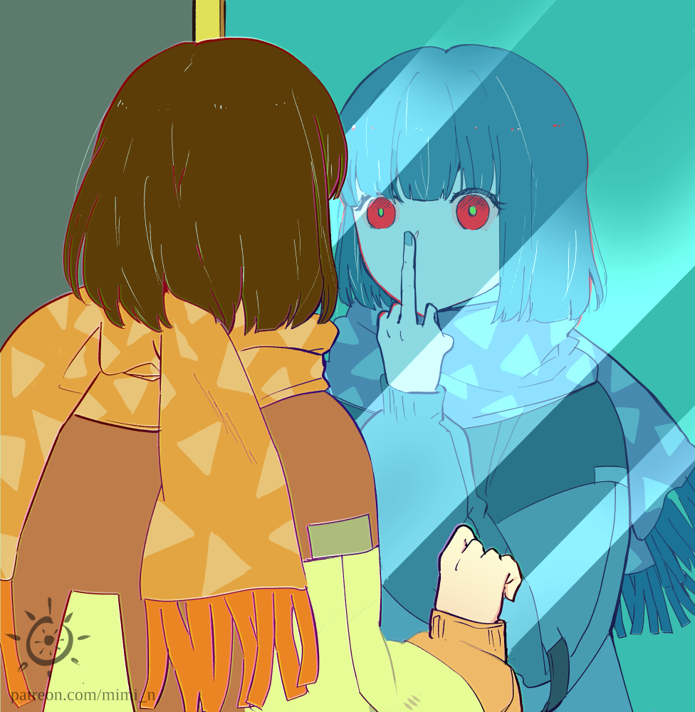 1girl blue_hair blue_scarf brown_hair colored_skin hime_cut looking_at_mirror looking_at_viewer middle_finger mimi_n mirror orange_scarf original red_eyes reflection scarf shirt short_hair solo sweater upper_body