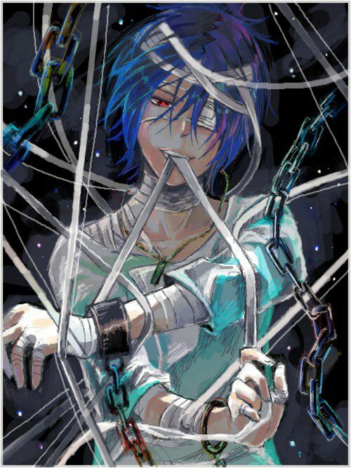 1boy bandages blue_hair chain eyepatch jewelry katekyo_hitman_reborn! male_focus necklace red_eyes rokudou_mukuro short_hair solo upper_body