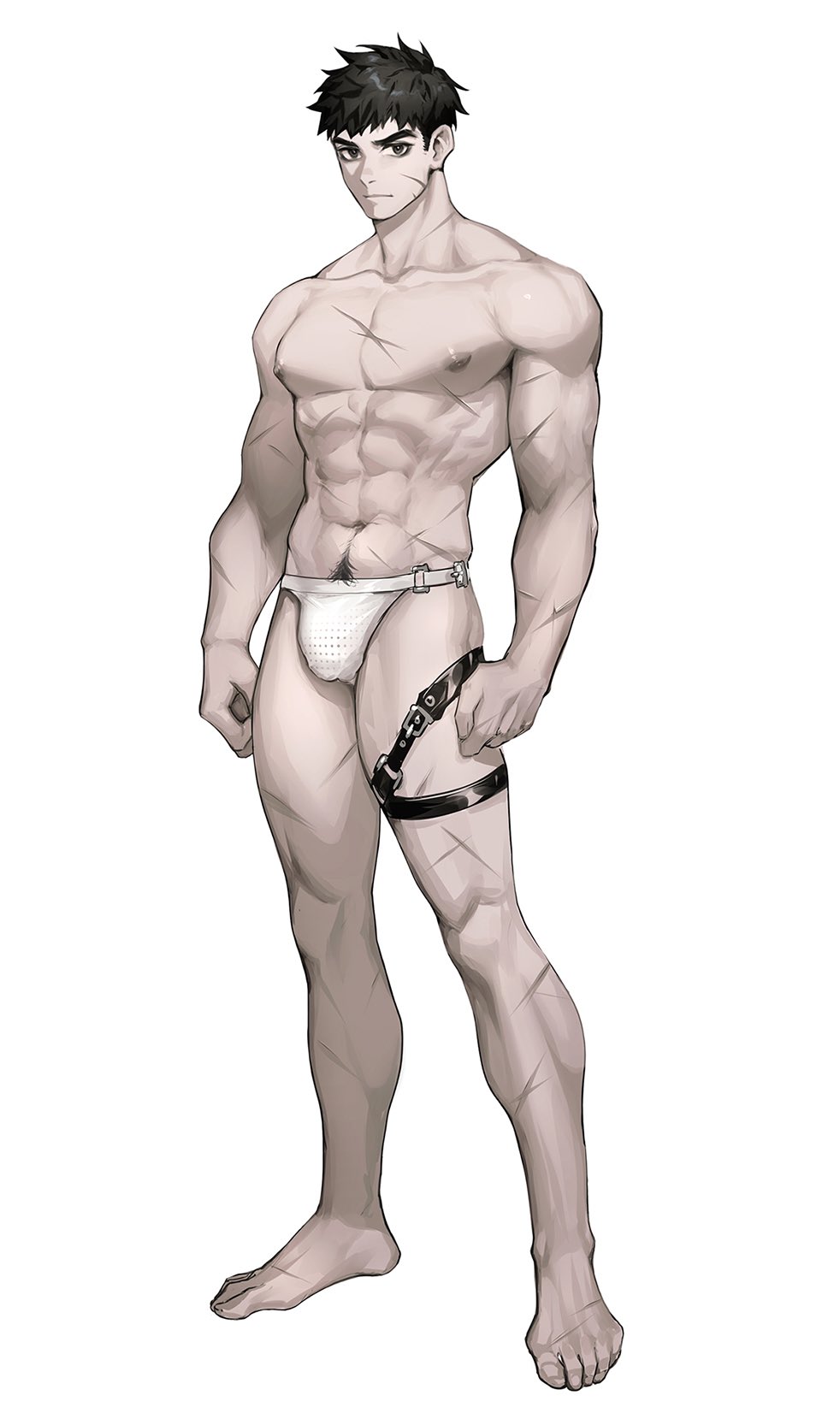 1boy abs bara belt black_eyes black_hair highres looking_at_viewer male_focus mosi_l muscular muscular_male navel nipples original pectorals pubic_hair scar solo underwear