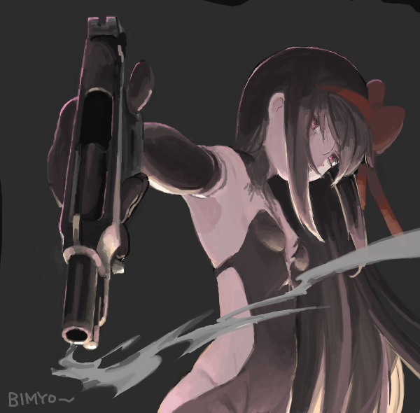 10s 1girl akemi_homura akuma_homura bad_drawr_id bad_id beretta_92 black_hair drawr female_focus gun handgun holding holding_weapon long_hair mahou_shoujo_madoka_magica mahou_shoujo_madoka_magica:_hangyaku_no_monogatari nao-08 oekaki pink_eyes ribbon simple_background smoke smoking_barrel solo spoilers weapon