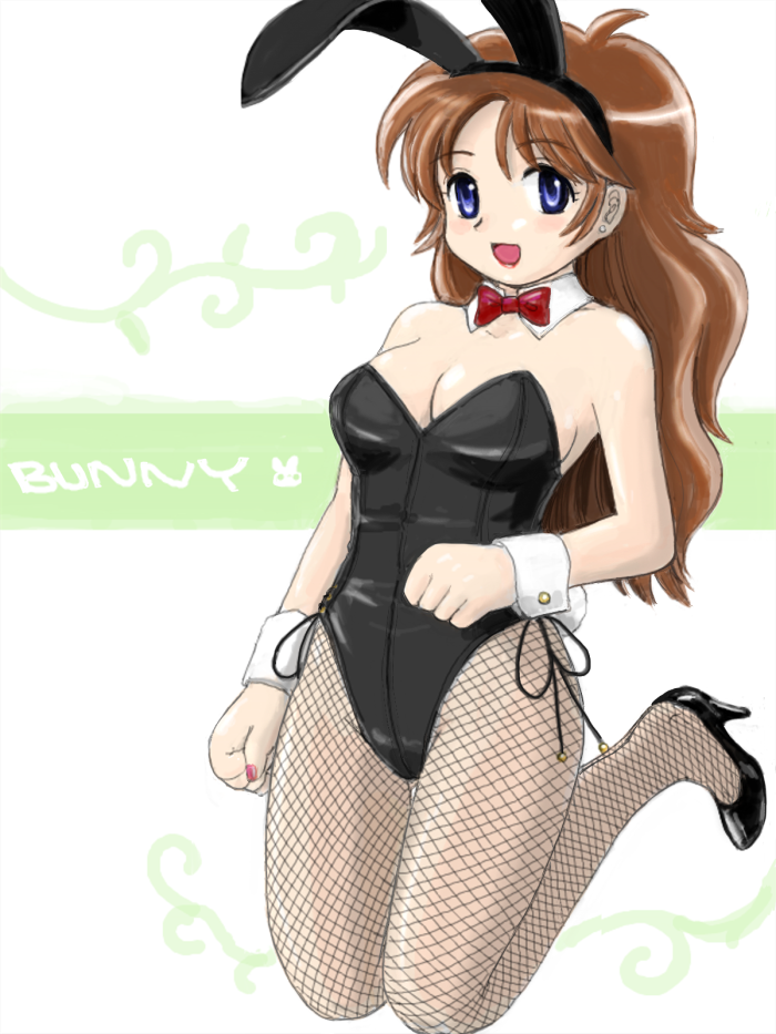 1girl animal_ears blue_eyes brown_hair fake_animal_ears female_focus fishnet_pantyhose fishnets leotard lipstick long_hair makeup pantyhose playboy_bunny rabbit_ears solo ultramarine