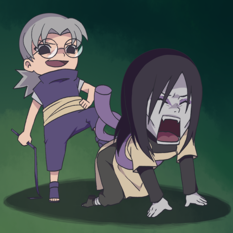 all_fours black_hair chibi drop_shadow eyeliner fangs foot_on_another&#039;s_ass gradient_background green_background hair_tied_back holding holding_whip layered_sleeves long_sleeves makeup multiple_boys naruto_(series) naruto_shippuuden open_mouth orochimaru_(naruto) pale_skin rope_belt round_eyewear short_over_long_sleeves short_sleeves short_sleeves_under_sleeveless sunken_cheeks sunsisunsun what yakushi_kabuto