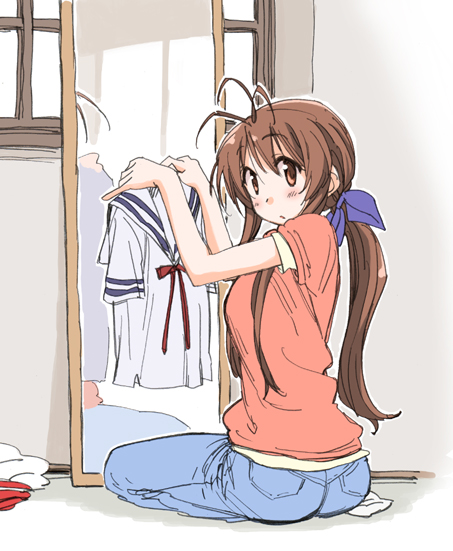 00s 1girl antenna_hair blush brown_eyes brown_hair clannad female_focus furukawa_sanae looking_at_viewer mikami_komata school_uniform serafuku sitting solo