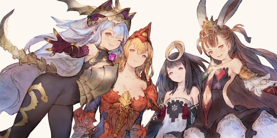 4girls animal_ears blonde_hair blue_hair brown_hair character_request clothing_cutout copyright_request dress grey_eyes long_hair looking_at_viewer multiple_girls n.a. navel navel_cutout pointy_ears rabbit_ears red_dress shingeki_no_bahamut simple_background smile tagme white_background yellow_eyes