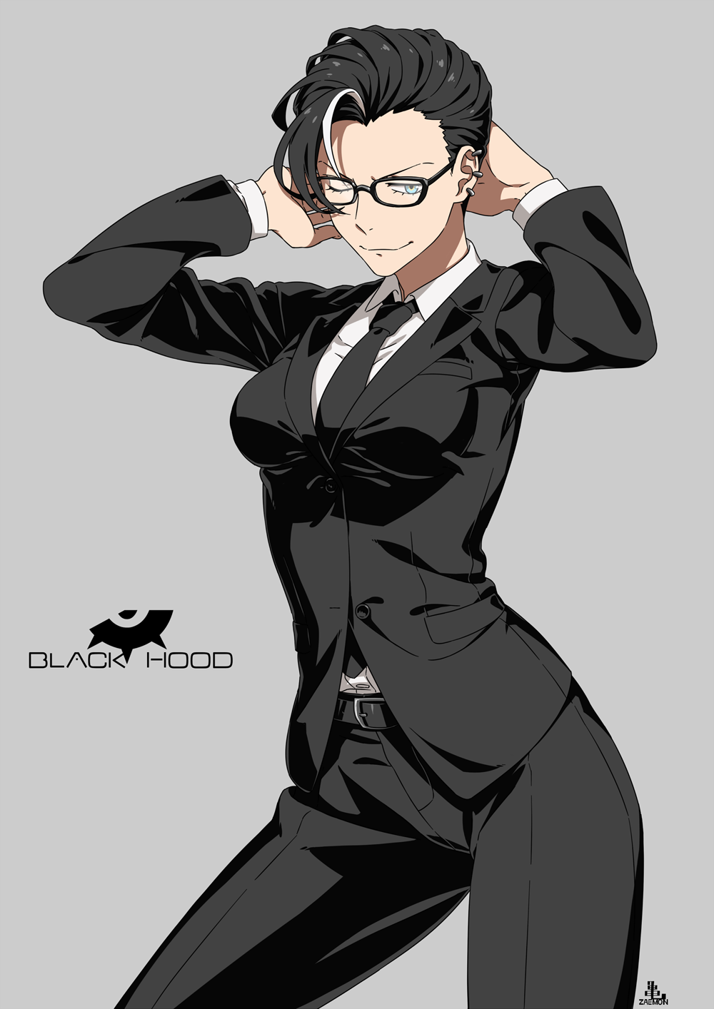 1girl alternate_hairstyle artist_logo asymmetrical_bangs belt black_belt black_hair black_jacket black_necktie black_pants black_suit blue_eyes breasts closed_mouth collared_shirt commentary dress_shirt ear_piercing feet_out_of_frame formal glasses grey_background hair_slicked_back hands_on_own_head highres iwado_anna jacket kamezaemon long_sleeves looking_at_viewer medium_breasts multicolored_hair necktie one_eye_closed original pants piercing shirt short_hair simple_background smile solo standing streaked_hair suit two-tone_hair white_hair white_shirt wing_collar