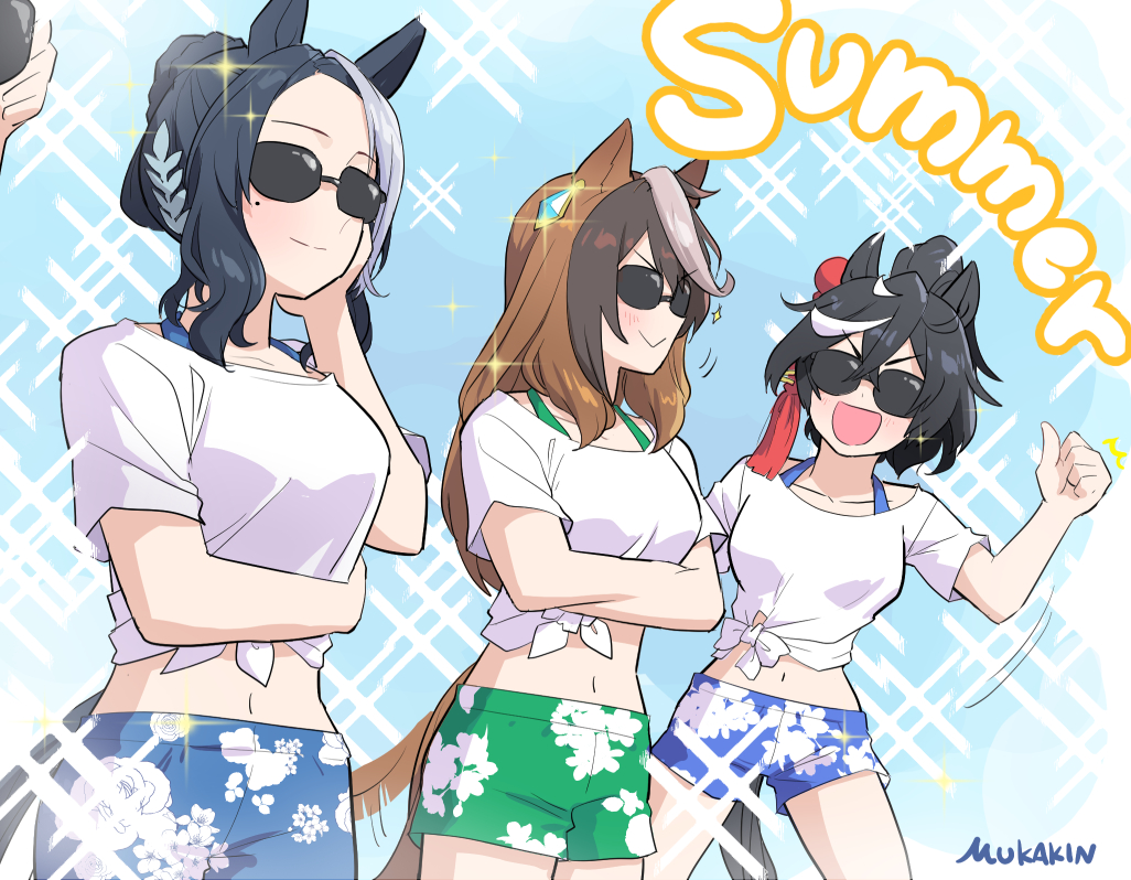 3girls animal_ears artist_name black_hair blue_shorts brown_hair commentary_request cowboy_shot ear_ornament earrings gaze_on_me!_outfit_(umamusume) green_shorts hair_between_eyes hair_ornament horse_ears horse_girl horse_tail jewelry katsuragi_ace_(umamusume) long_hair looking_at_viewer mejiro_ramonu_(umamusume) mukakin multicolored_hair multiple_girls open_mouth shirt short_sleeves shorts single_earring smile streaked_hair summer sunglasses symboli_rudolf_(umamusume) tail tassel tassel_hair_ornament tied_shirt umamusume v-shaped_eyebrows white_hair white_shirt