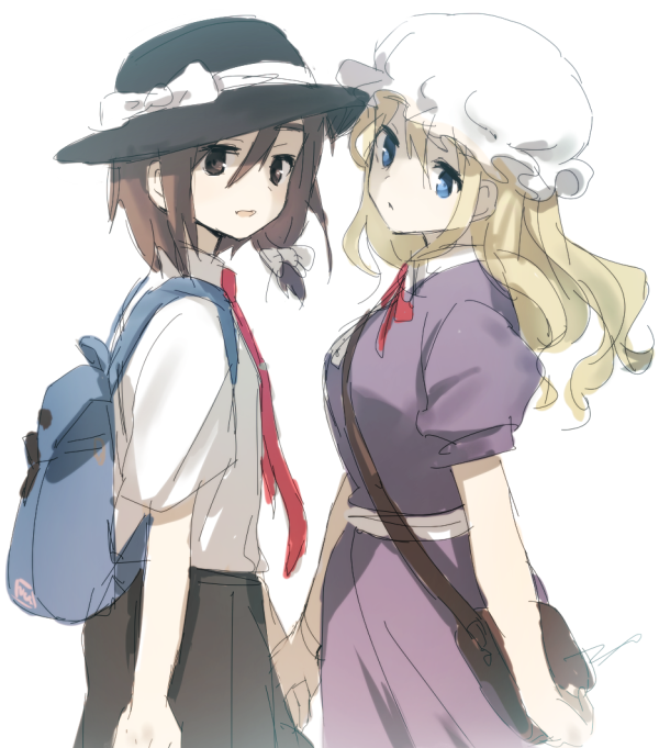 backpack bag black_hat black_skirt blonde_hair blue_eyes brown_eyes brown_hair hat holding_hands kikurina maribel_hearn necktie red_necktie red_ribbon ribbon shirt skirt touhou usami_renko white_ribbon white_shirt white_theme