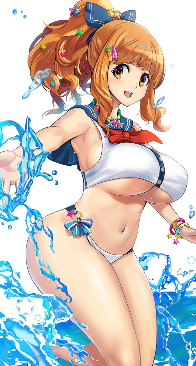 10s 1girl amano_cigusa ass bare_arms bare_shoulders bikini blush breasts brown_eyes brown_hair cleavage curly_hair curvy female_focus hair_ornament highres huge_ass idolmaster idolmaster_cinderella_girls large_breasts looking_at_viewer moroboshi_kirari navel ponytail ribbon smile solo star_(symbol) star_hair_ornament stomach swimsuit thick_thighs thighs underboob water wide_hips