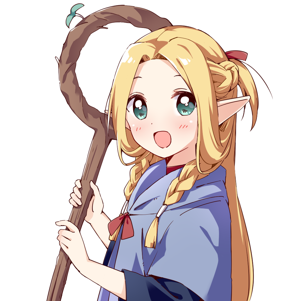 1girl :d ambrosia_(dungeon_meshi) blonde_hair blue_capelet blue_robe blush braid capelet commentary_request commission dungeon_meshi green_eyes haru_(konomi_150) holding holding_staff hood hood_down hooded_capelet long_hair looking_at_viewer marcille_donato open_mouth pixiv_commission pointy_ears robe simple_background smile solo staff twin_braids upper_body white_background