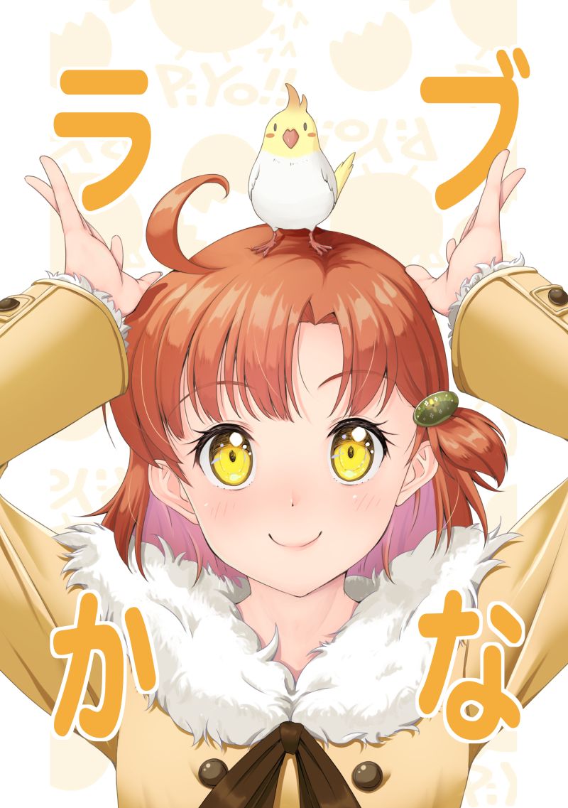 1girl ahoge animal animal_on_head asymmetrical_bangs bird bird_on_head blunt_bangs coat cockatiel dot_nose eyelashes fur-trimmed_coat fur_trim hands_up idolmaster idolmaster_million_live! idolmaster_million_live!_theater_days lips looking_at_viewer luckluck on_head orange_hair parrot parted_bangs side_ponytail smile solo upper_body yabuki_kana yellow_coat yellow_eyes