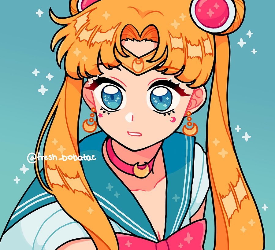 1girl aqua_background bishoujo_senshi_sailor_moon bishoujo_senshi_sailor_moon_s blonde_hair blue_eyes blue_sailor_collar choker crescent crescent_choker crescent_earrings derivative_work diadem earrings emily_kim instagram_username jewelry meme parted_bangs parted_lips red_choker sailor_collar sailor_moon sailor_moon_redraw_challenge_(meme) sailor_senshi_uniform screenshot_redraw solo sparkle tsukino_usagi twintails upper_body