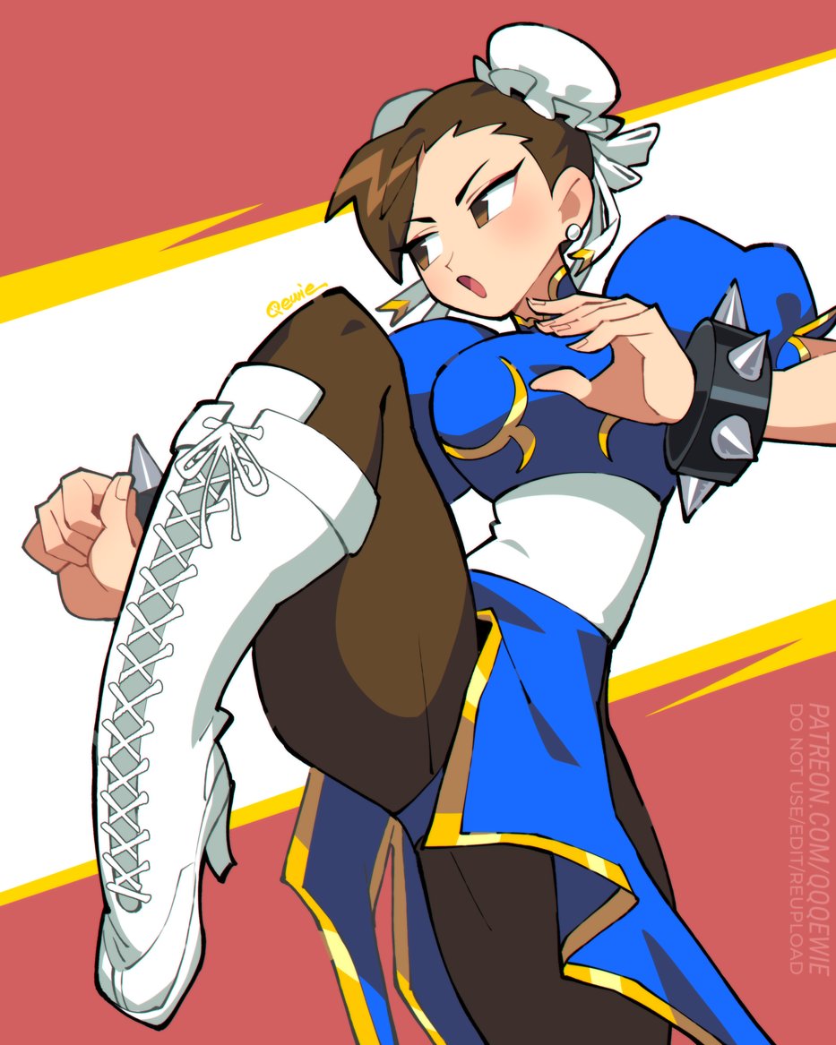 1girl 333_(dqqqdle) bracelet brown_eyes brown_hair bun_cover capcom chinese_clothes chun-li double_bun dress earrings fighting_stance hair_bun jewelry pantyhose pelvic_curtain sash solo spiked_bracelet spikes street_fighter thick_thighs thighs