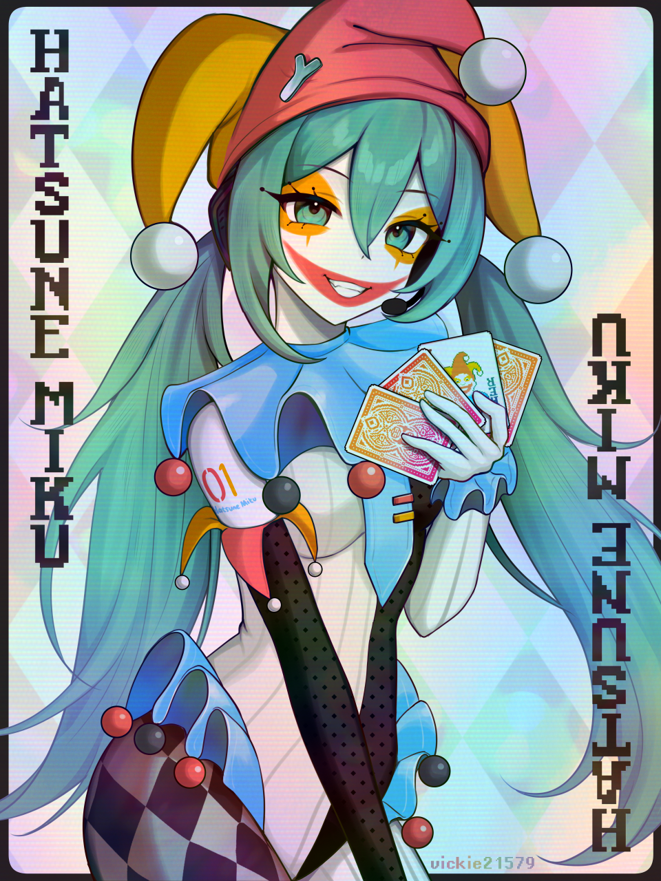 1girl alternate_costume aqua_eyes aqua_hair asymmetrical_clothes balatro black_border border card card_(medium) character_name commentary english_commentary fang gloves grin hand_up hat hatsune_miku highres holding holding_card jester_cap jester_costume joker_(playing_card) long_hair looking_at_viewer low_twintails open_mouth outside_border playing_card red_hat smile solo twintails twitter_username two-tone_hat vickie_(cryingrobot) vocaloid white_gloves yellow_hat