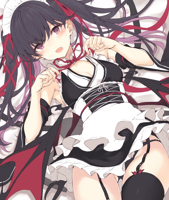 1girl :o apron armpits bare_shoulders black_dress black_hair black_panties black_thighhighs blush breasts cleavage commentary_request demon_wings detached_sleeves dress female_focus frilled_dress frills garter_belt hair_spread_out headdress long_hair looking_at_viewer lying medium_breasts multicolored_hair nanananana neck_ribbon on_back open_mouth original panties pink_hair red_eyes red_ribbon ribbon solo sweat thighhighs thighs twintails two-tone_hair underbust underwear waist_apron white_apron wide_sleeves wing_collar wings