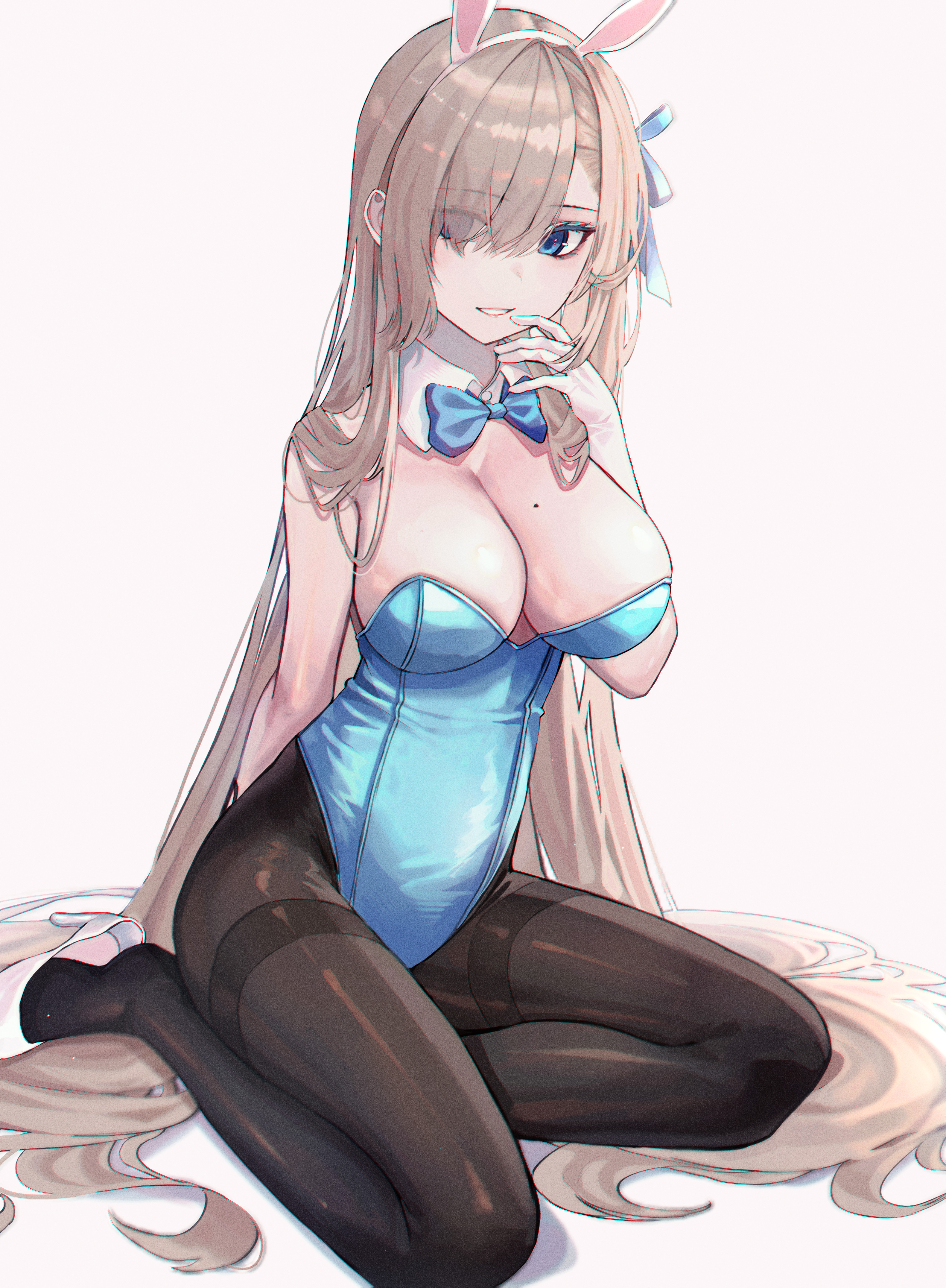 domi (hongsung0819), asuna (blue archive), asuna (bunny) (blue archive), blue  archive, light brown hair, absurdres, commentary, highres, 1girl, animal  ears, black pantyhose, blue bow, blue bowtie, blue eyes, blue leotard, blue  ribbon,