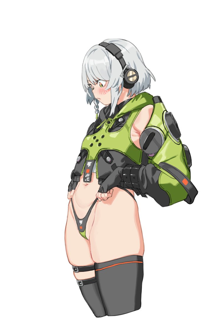 1girl adjusting_clothes adjusting_panties anby_demara armpits black_gloves black_thighhighs blush braid cowboy_shot cropped_legs fingerless_gloves gloves green_jacket green_sleeves grey_hair headphones highleg highleg_panties jacket long_sleeves looking_down midriff multicolored_clothes multicolored_jacket navel panties sadkoe side_braid simple_background skindentation solo thigh_strap thighhighs thighs two-tone_jacket underwear white_background white_hair zenless_zone_zero