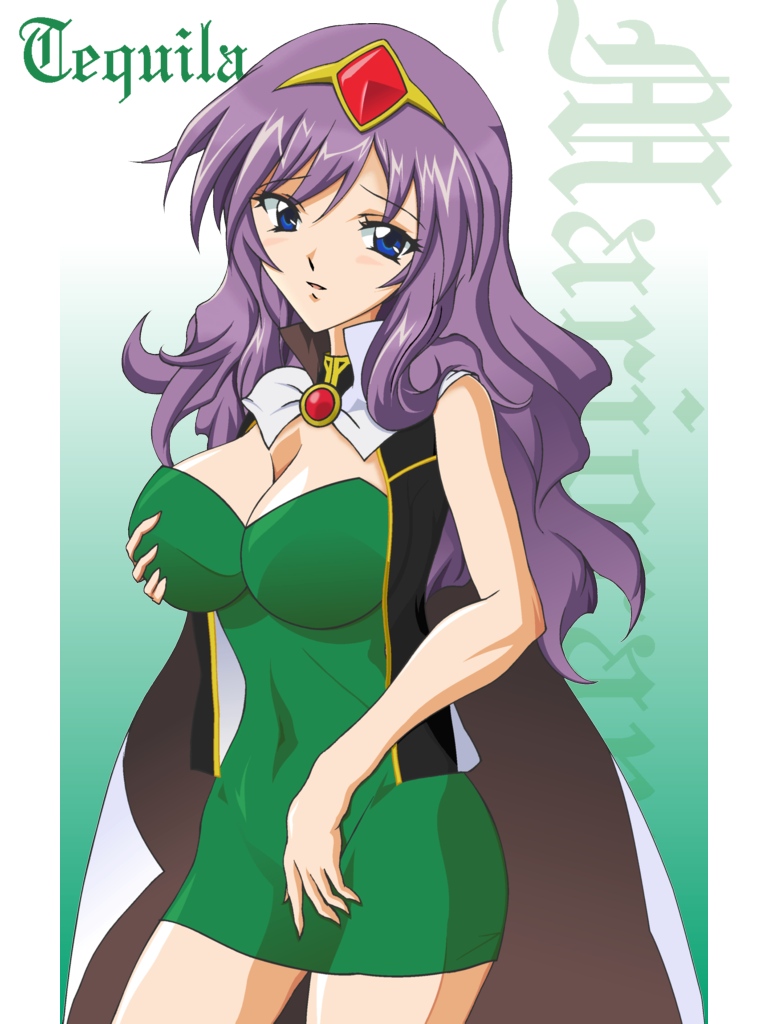 00s 1girl blue_eyes blush breasts cape character_name circlet cleavage dress eagle41 female_focus galaxy_angel galaxy_angel_rune large_breasts long_hair purple_hair solo tequila_marjoram