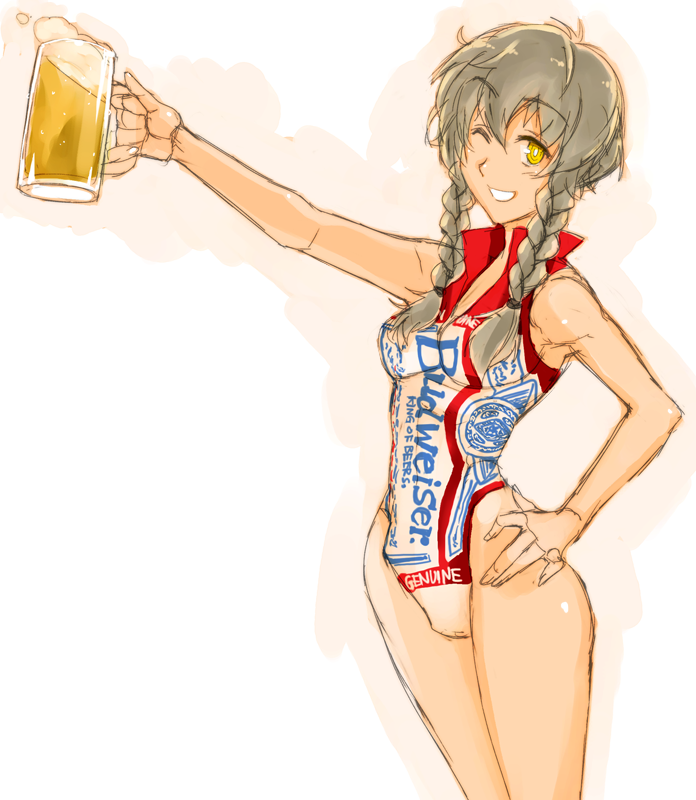 1girl alcohol amane_suzuha beer beer_mug braid breasts budweiser hand_on_own_hip leotard mug one_eye_closed smile solo standing steins;gate tagme wink