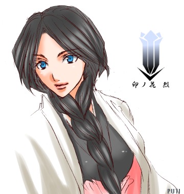 00s 1girl black_hair bleach blue_eyes braid character_name female_focus front_braid front_ponytail haori japanese_clothes long_hair looking_at_viewer lowres puchi_(code-k) simple_background single_braid solo taichou_haori unohana_retsu white_background