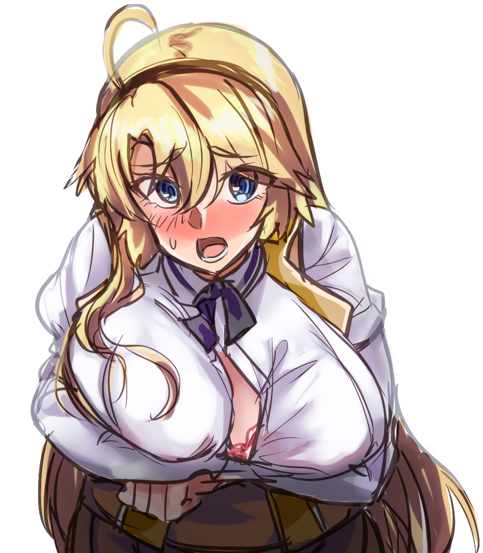 1girl ahoge arms_under_breasts blonde_hair blue_eyes blush bra bra_peek breasts collared_shirt commentary_request huge_breasts kohagura_ellen long_hair long_sleeves looking_at_viewer mashitono_desu open_mouth osafune_girls_academy_school_uniform school_uniform shirt simple_background sketch solo standing toji_no_miko unbuttoned underwear upper_body white_background white_shirt winter_uniform