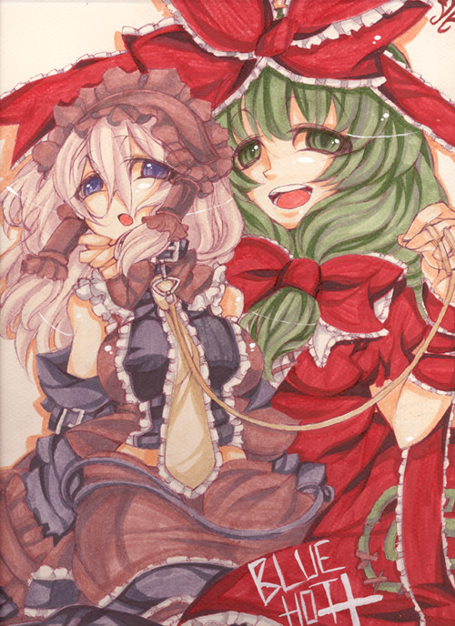 2girls female_focus front_ponytail green_hair hakurei_reimu japanese_clothes kagiyama_hina long_hair miko multiple_girls nanaya ribbon touhou