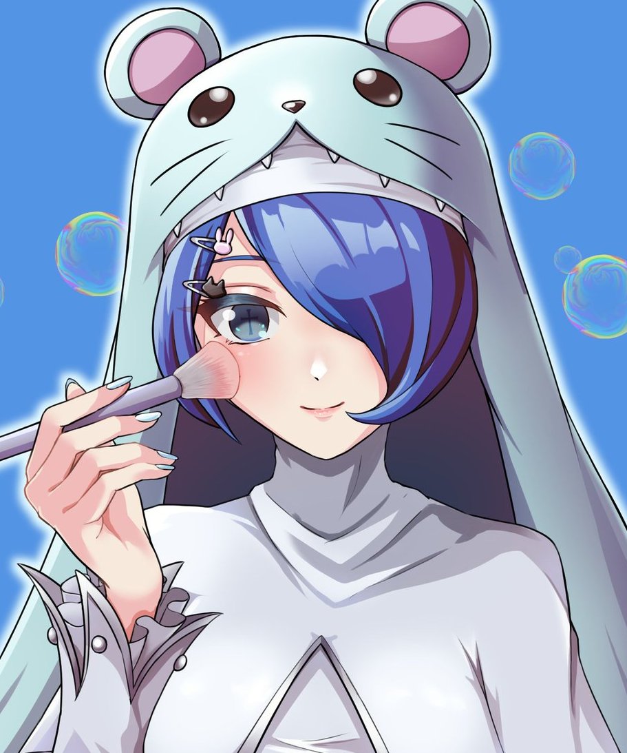 1girl blue_background blue_eyes blue_hair cross-shaped_pupils digimon dress habit hair_over_one_eye holding_makeup_brush looking_at_viewer manchi_kansuke nail_polish pink_lips simple_background sistermon_ciel smile solo symbol-shaped_pupils upper_body white_dress