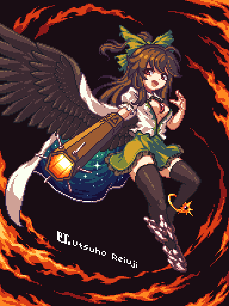 1girl arm_cannon asymmetrical_footwear bird_wings black_background black_thighhighs black_wings bow breasts brown_hair cape character_name cleavage commentary fire full_body green_bow green_skirt greenapple_(g_apple0511) hair_bow long_hair looking_at_viewer medium_breasts mismatched_footwear mixed-language_commentary open_mouth pixel_art ponytail red_eyes reiuji_utsuho shirt short_sleeves skirt solo starry_sky_print thighhighs third_eye third_eye_on_chest touhou weapon white_cape white_shirt wings