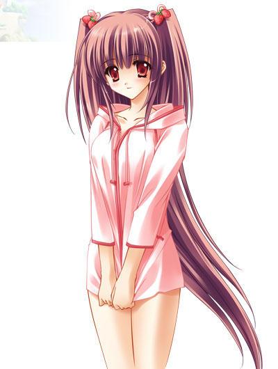 1girl airi_(quilt) blanket breasts carnelian female_focus hair_ornament long_hair quilt quilt_(game) shirt_tug solo two_side_up very_long_hair