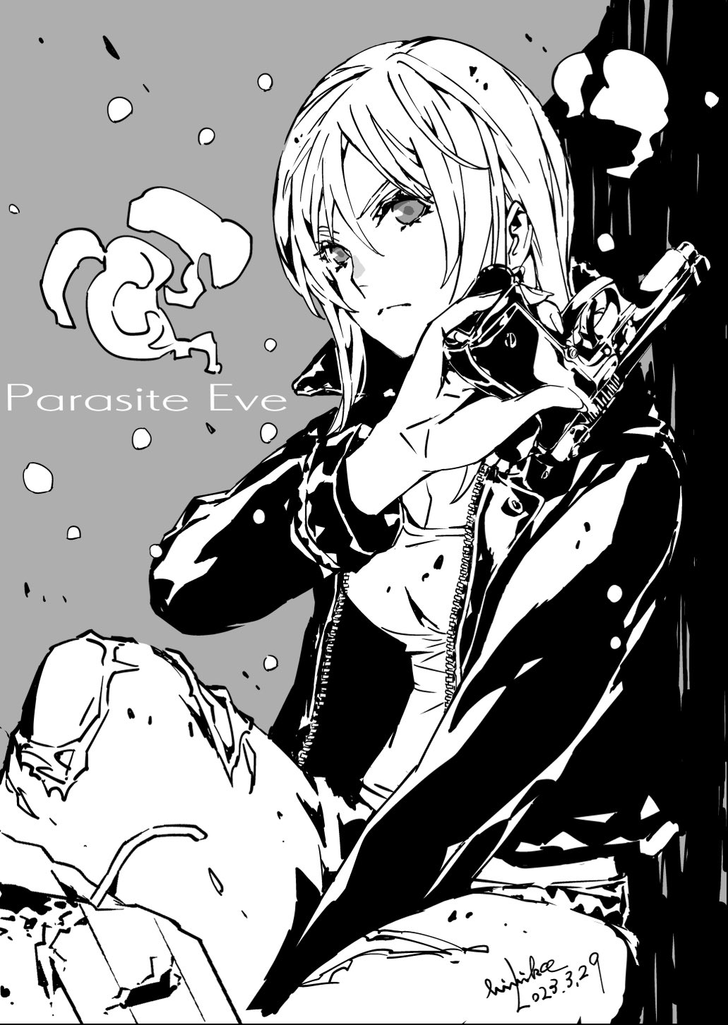 1girl aya_brea breasts cleavage closed_mouth dated denim greyscale gun handgun highres himiko_(326ontheweb) holding holding_gun holding_weapon jacket jeans long_hair looking_at_viewer medium_breasts monochrome pants parasite_eve solo torn_clothes torn_jeans torn_pants weapon