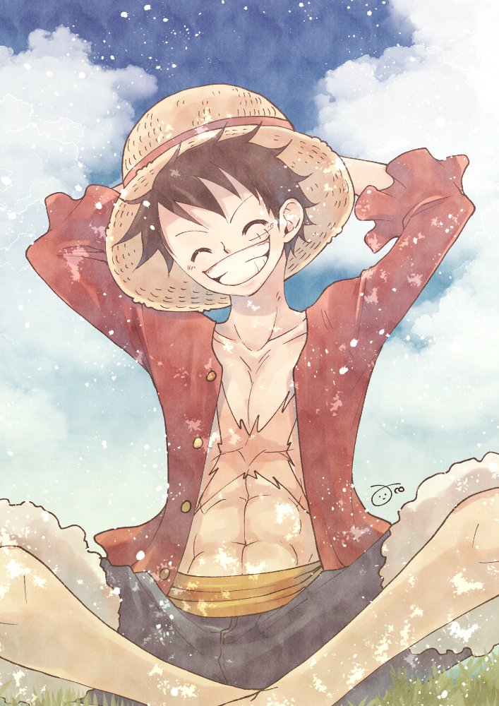 1boy ^_^ aco_peda arms_behind_head black_hair blue_shorts closed_eyes cloud commentary_request hat indian_style long_sleeves male_focus monkey_d._luffy on_grass one_piece open_clothes open_shirt red_shirt sash scar scar_on_chest scar_on_face shirt shorts signature sitting sky smile solo straw_hat yellow_sash