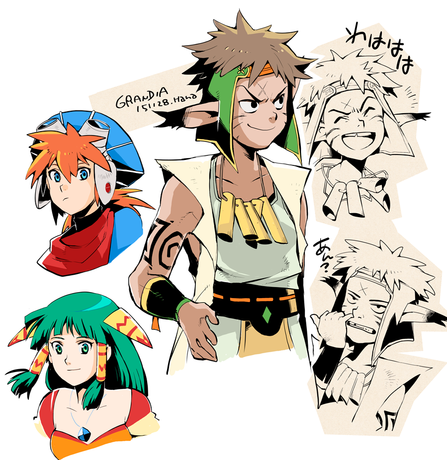 1girl 2boys blue_eyes breasts brown_hair closed_mouth feena_(grandia) grandia grandia_i green_eyes green_hair hair_ornament hair_tubes hat headband jewelry justin_(grandia) long_hair multiple_boys necklace open_mouth pointy_ears rapp_(grandia) smile tattoo