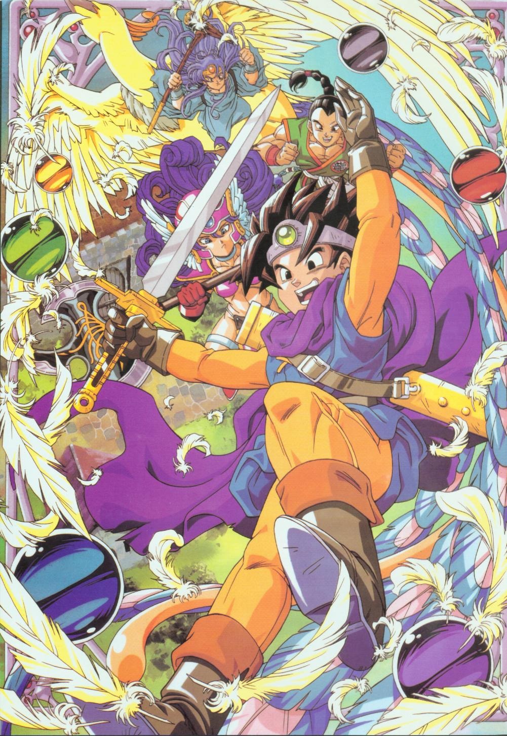 1girl 3boys aqua_robe arm_up armor axe bikini_armor black_eyes black_hair blue_eyes blue_tunic braid brown_gloves brown_hair cape circlet curly_hair dougi dragon_quest dragon_quest_iii feathers fighter_(dq3) floating_clothes floating_hair gloves gold_circlet hair_pulled_back helmet hero_(dq3) highres holding holding_axe holding_staff holding_sword holding_weapon knee_up looking_down multiple_boys muscular muscular_male nakatsuru_katsuyoshi official_art open_mouth purple_cape purple_hair roto_(dq3) sage_(dq3) scabbard scan sheath silver_circlet smile soldier_(dq3) spiked_hair staff sword third-party_source tunic weapon winged_helmet