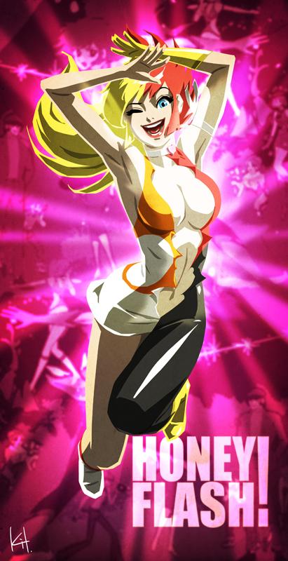 1girl blonde_hair breasts character_name cutie_honey cutie_honey_(character) female_focus full_body gradient_background kisaragi_honey kit red_hair solo transformation