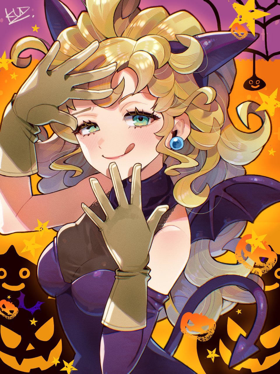 1girl :q blonde_hair breasts brown_gloves commentary_request curly_hair dragon_quest dragon_quest_iii earrings eyelashes fake_horns gloves green_eyes halloween halloween_costume highres horns jack-o&#039;-lantern gadabout_(dq3) jewelry kuzuno_ha looking_at_viewer signature smile solo tongue tongue_out