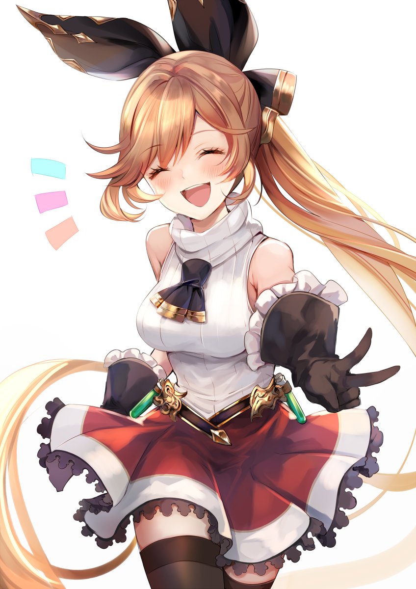 1girl ^_^ aoi_(kirabosi105) bare_shoulders blush breasts brown_hair clarisse_(granblue_fantasy) closed_eyes commentary_request cowboy_shot closed_eyes gloves granblue_fantasy highres long_hair medium_breasts open_mouth ponytail simple_background skirt smile solo teeth thighhighs tongue v white_background zettai_ryouiki