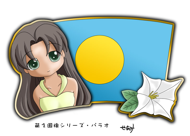 1girl brown_hair dark_skin flag flower green_eyes long_hair murakami_senami palau palauan_flag