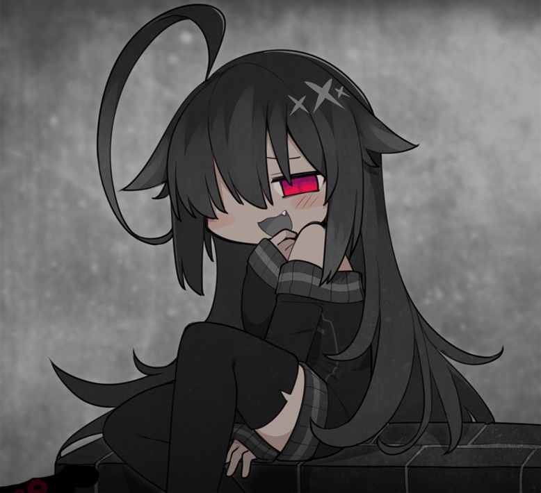 1girl :d ahoge bare_shoulders between_legs black_hair black_sweater black_thighhighs commentary_request dark-skinned_female dark_skin deformed dress fang feet_out_of_frame hair_flaps hair_over_one_eye half-closed_eyes hand_between_legs hand_to_own_mouth hand_up huge_ahoge kisaragi_kaya knees_up long_hair monochrome_background off-shoulder_sweater off_shoulder on_wall open_mouth original red_eyes sitting sleeves_past_wrists slit_pupils smile smug solo sweater sweater_dress thighhighs very_long_hair yste zettai_ryouiki