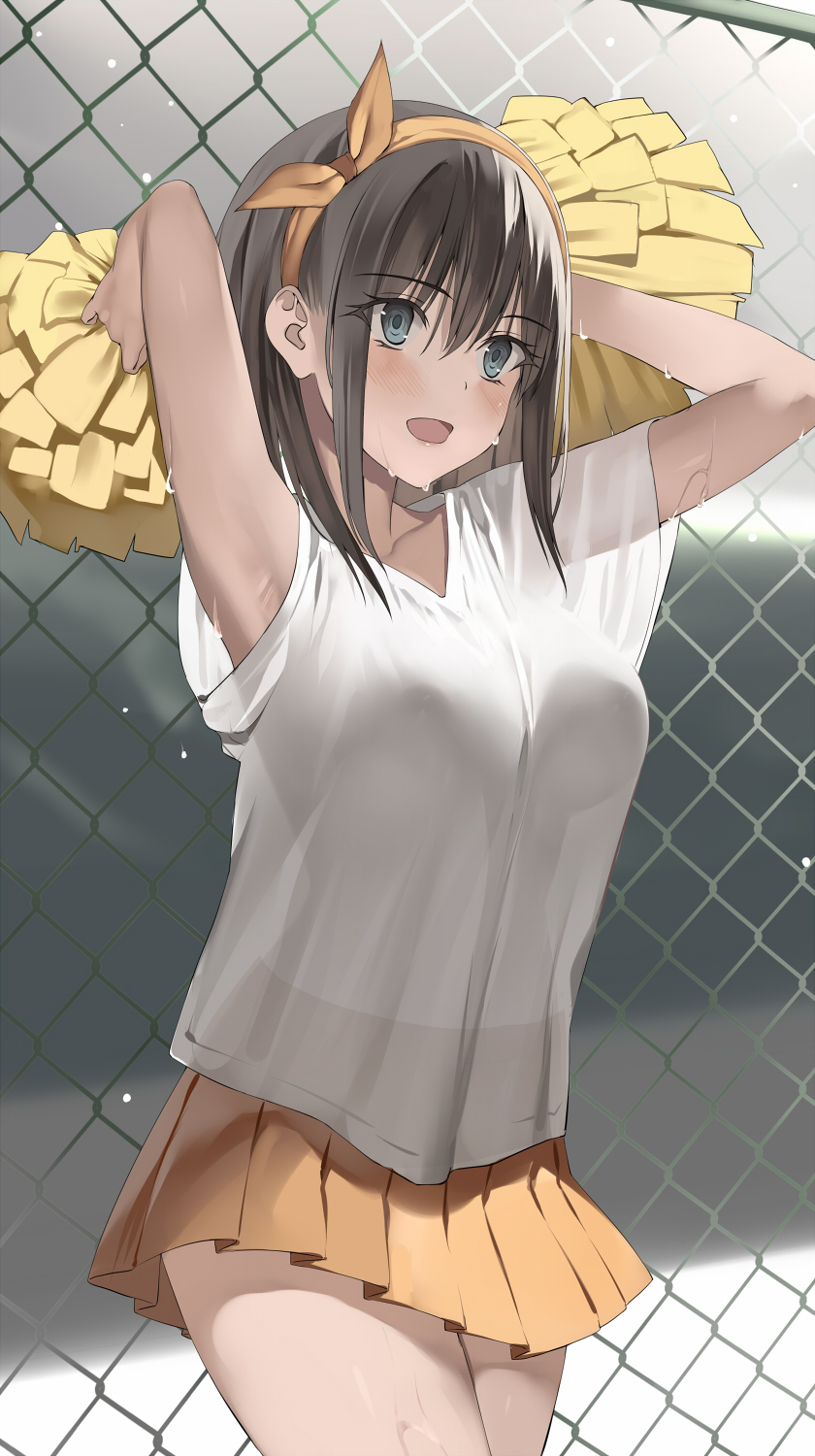 1girl armpits arms_up blue_eyes blush breasts brown_hair chain-link_fence collarbone commentary_request covered_erect_nipples cowboy_shot dripping fence hairband highres kureha_(ironika) large_breasts looking_ahead medium_hair miniskirt open_mouth original pom_pom_(cheerleading) see-through_silhouette shirt skirt solo thighs untucked_shirt wet wet_clothes wet_shirt white_shirt yellow_skirt