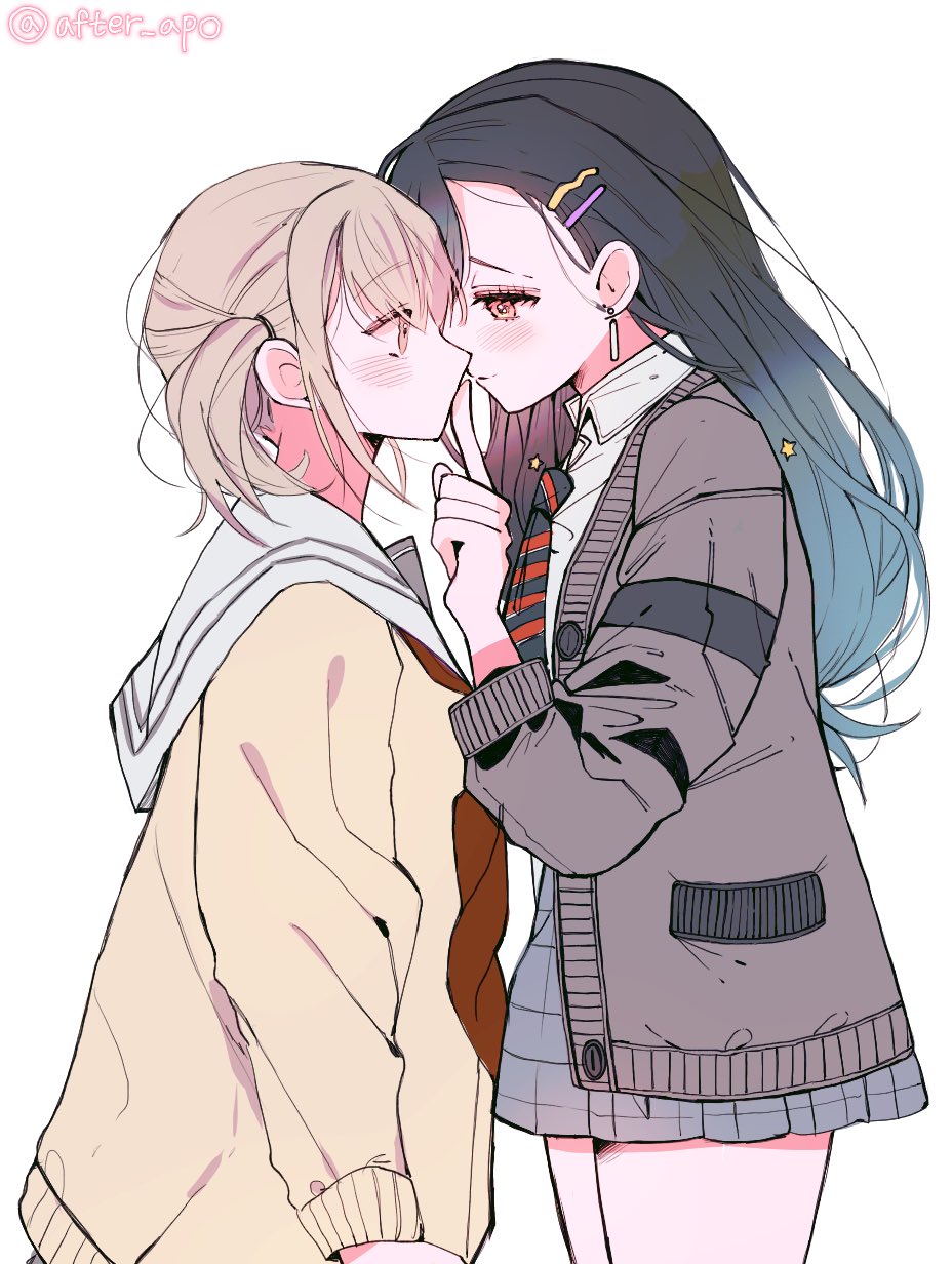 2girls 2in_2in azusawa_kohane black_hair black_necktie blue_hair blush brown_cardigan brown_hair cardigan closed_mouth collared_shirt commentary_request earrings finger_to_another&#039;s_mouth finger_to_mouth gradient_hair hair_ornament highres jewelry korean_commentary long_hair long_sleeves looking_at_another multicolored_hair multiple_girls neckerchief necktie pink_eyes project_sekai red_neckerchief red_necktie sailor_collar shiraishi_an shirt shushing simple_background star_(symbol) star_hair_ornament striped_necktie sweater twitter_username white_background white_sailor_collar white_shirt yellow_sweater yuri