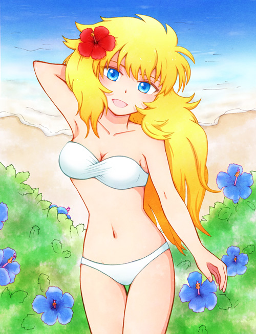 1girl arm_behind_head bad_id bad_pixiv_id bandeau beach bikini blonde_hair blue_eyes breasts cleavage day female_focus flower hair_flower hair_ornament hibiscus long_hair looking_at_viewer medium_breasts mermaid_thetis navel open_mouth saint_seiya smile solo swimsuit thigh_gap tonkati white_bikini