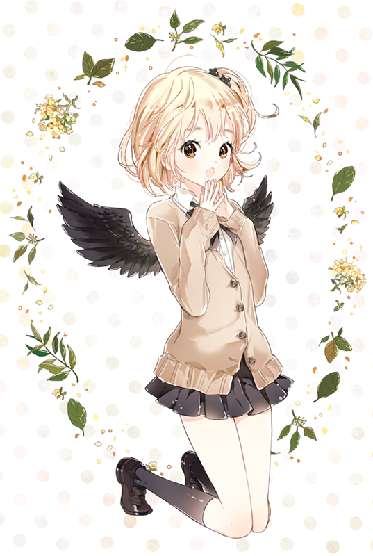 10s 1girl :o bad_id bad_pixiv_id black_footwear black_socks black_wings blonde_hair buttons female_focus gomzi haikyuu!! hair_ornament hands_on_own_chest jacket kneehighs kneeling looking_at_viewer miniskirt one_side_up own_hands_clasped own_hands_together polka_dot polka_dot_background school_uniform shoes short_hair skirt socks solo star_(symbol) star_hair_ornament wings yachi_hitoka yellow_eyes