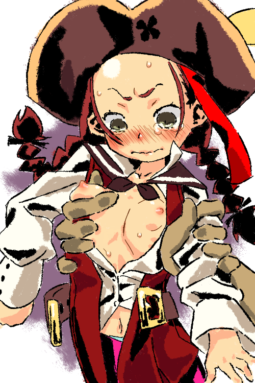 1girl belt blush braid breasts eisu_(eith) etrian_odyssey forehead grabbing_another&#039;s_breast green_eyes groping hat molestation navel open_belt open_clothes pirate pirate_(sekaiju) pirate_4_(sekaiju) pirate_costume pirate_hat red_hair red_vest simple_background small_breasts twin_braids twintails vest wavy_mouth white_background