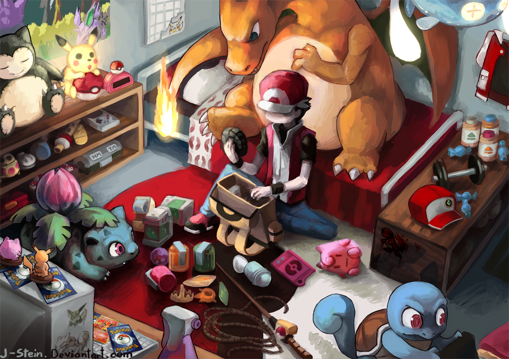 1boy amiibo backpack bag barbell bed brown_hair bulbasaur charizard charmander chinchou clefairy colander commentary creatures_(company) eevee elixir english_commentary evolution_stone fishing_rod fossil game_freak gen_1_pokemon gen_2_pokemon gengar hat holding ivysaur j-stein jacket jigglypuff king&#039;s_rock legendary_pokemon male_focus mewtwo nidorino nintendo pikachu poke_flute pokedex pokemon pokemon_(creature) pokemon_frlg pokemon_rgby pokemon_tcg potion_(pokemon) rare_candy red_(pokemon) red_hat red_jacket snorlax squirtle sun_stone tm_(pokemon)