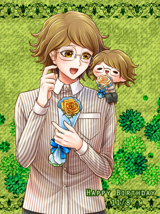 2boys black_eyes black_pants blue_bow bouquet bow brown_footwear brown_hair buttons chibi chibi_on_shoulder clone collared_shirt commentary_request cowboy_shot danganronpa_(series) danganronpa_another_episode:_ultra_despair_girls dated english_text eyelashes floral_background flower fujisaki_taichi glasses green_background happy happy_birthday holding holding_bouquet light_blush long_sleeves looking_at_another male_focus multiple_boys open_mouth pants pinstripe_jacket pinstripe_pattern pocket rose scratching_cheek shirt shoes short_hair smile solid_oval_eyes white-framed_eyewear white_shirt yellow_eyes yellow_flower yellow_rose yumaru_(marumarumaru)