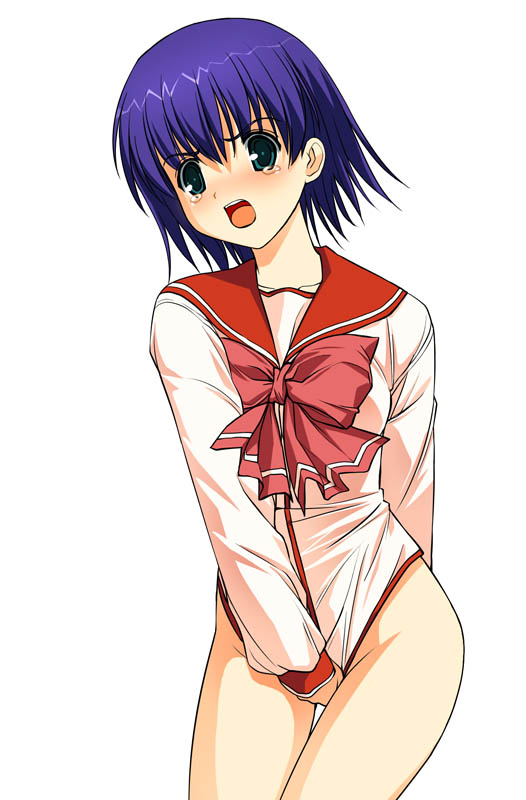 00s a1_(initial-g) blue_eyes blue_hair blush bottomless no_panties school_uniform serafuku shirt_tug short_hair solo tears to_heart_(series) to_heart_2 tonami_yuma