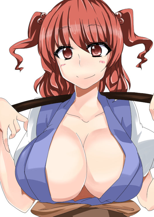 1girl breasts cleavage female_focus hair_bobbles hair_ornament huge_breasts inuwi_(yokose_y) onozuka_komachi red_eyes red_hair short_hair simple_background solo touhou twintails upper_body